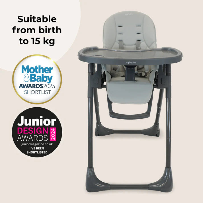 Gray mytabie my babiie mbhc9 luxe highchair with padded seat and tray designed for infants up to 15 kg