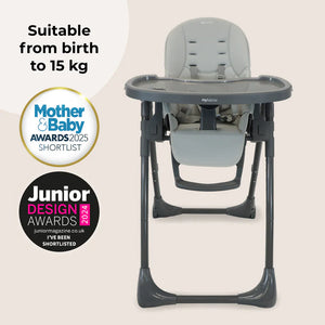 Gray mytabie my babiie mbhc9 luxe highchair with padded seat and tray designed for infants up to 15 kg
