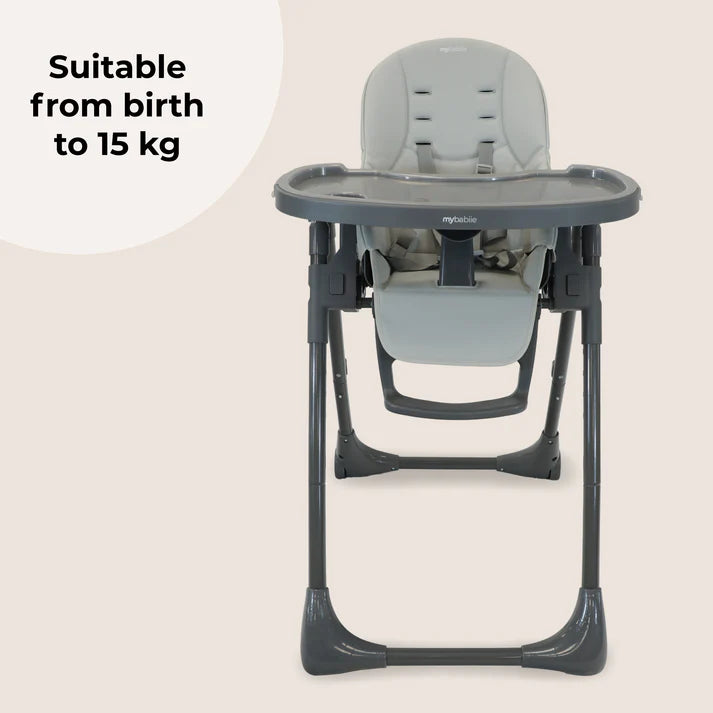 My Babiie MBHC9 Luxe highchair in grey with a padded seat and adjustable tray for comfortable feeding sessions