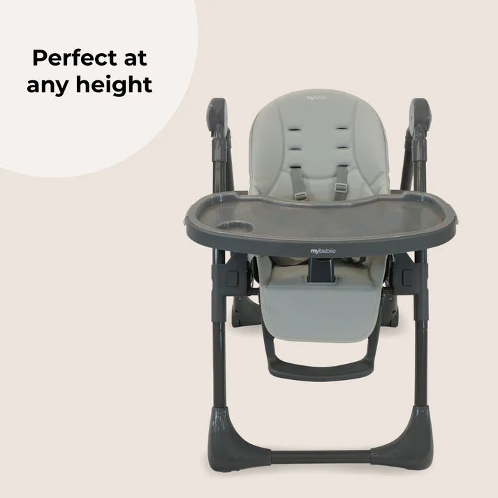 My babiie mbhc9 luxe highchair in grey with adjustable height padded seat and tray for comfortable feeding
