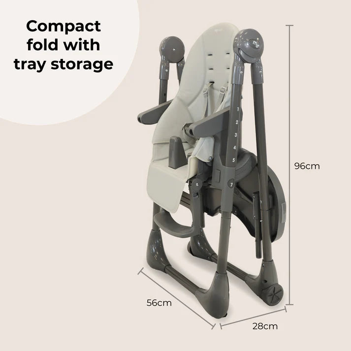 My babiie mbhc9 luxe highchair in grey is a compact foldable high chair with tray storage in gray and white