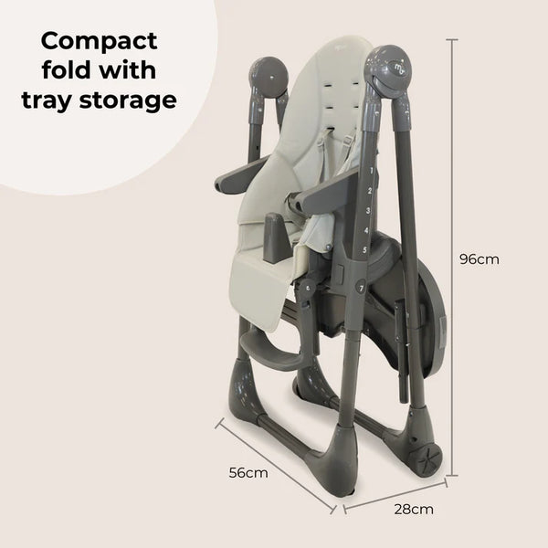 My babiie mbhc9 luxe highchair in grey is a compact foldable high chair with tray storage in gray and white