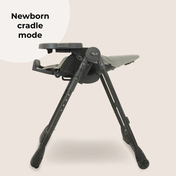 My babiie mbhc9 luxe highchair in grey black and gray adjustable high chair in newborn cradle mode with padded support