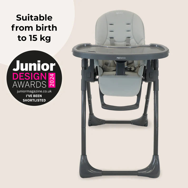 Gray mytabbie my babiie mbhc9 luxe highchair in grey with padded seat and tray for infants up to 15 kg