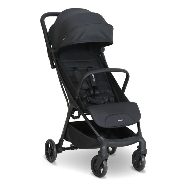 My Babiie MBX2 compact stroller in black lightweight design with four wheels for easy maneuverability