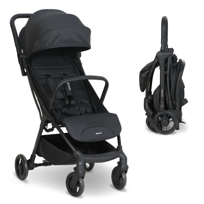 My Babiie MBX2 compact stroller in black with sleek foldable frame and soft fabric canopy for easy travel