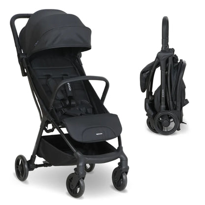 My Babiie MBX2 compact stroller in black with sleek foldable frame and soft fabric canopy for easy travel