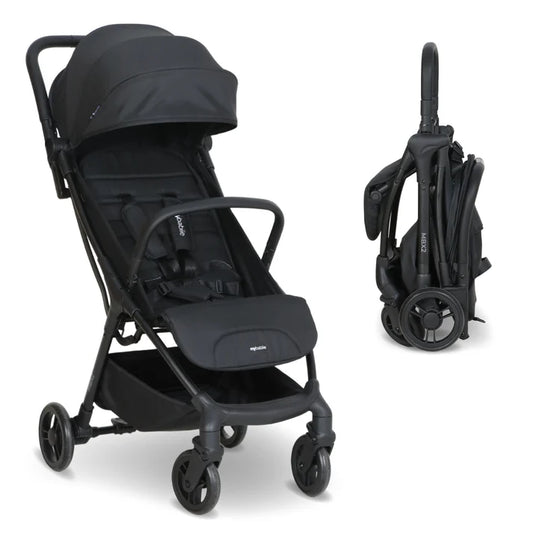 My Babiie MBX2 compact stroller in black with sleek foldable frame and soft fabric canopy for easy travel