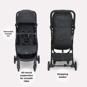 Black fabric my babiie mbx2 compact stroller with metal frame removable bumper bar and shopping basket visible from back side