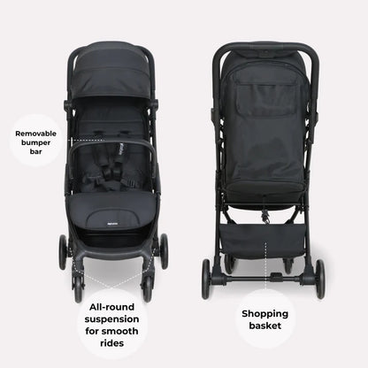 Black fabric my babiie mbx2 compact stroller with metal frame removable bumper bar and shopping basket visible from back side