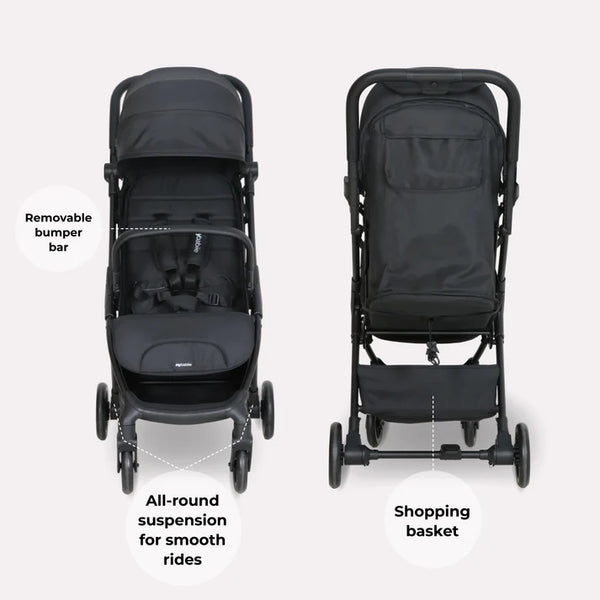 Black fabric my babiie mbx2 compact stroller with metal frame removable bumper bar and shopping basket visible from back side