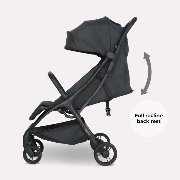 My babiie mbx2 compact stroller in black with full recline backrest and four wheels for easy maneuverability