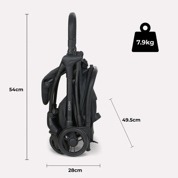 My Babiie MBX2 compact stroller in black with foldable design and durable materials for easy travel and storage