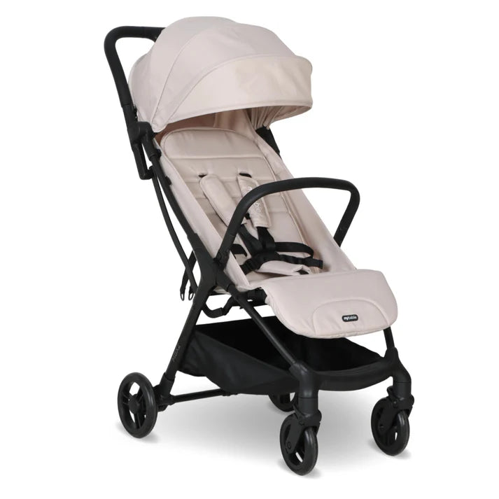 My babiie mbx2 compact stroller oatmeal in beige and black with foldable canopy padded seat and four wheels