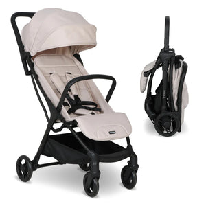 My Babiie MBX2 compact stroller in oatmeal features a beige and black foldable design with sleek modern style