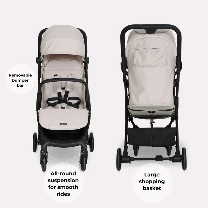 My babiie mbx2 compact stroller in oatmeal beige and black with removable bumper bar and large shopping basket