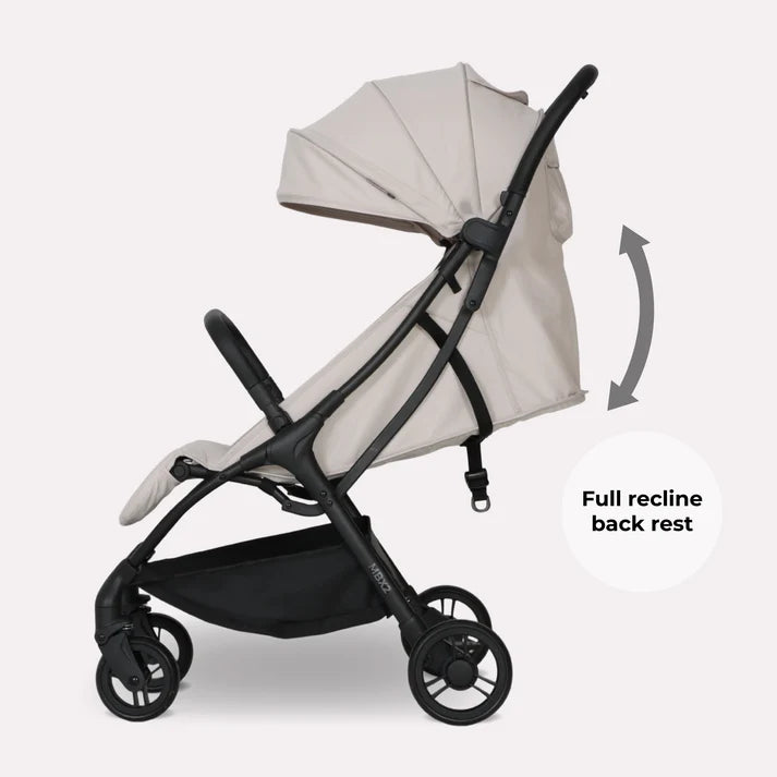 My Babiie MBX2 compact stroller in oatmeal with beige and black colors and full recline backrest for comfort