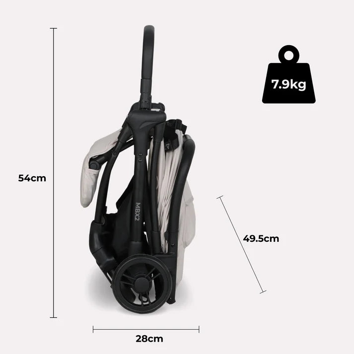 My Babiie MBX2 compact foldable stroller in black and light gray with modern design and oatmeal accents