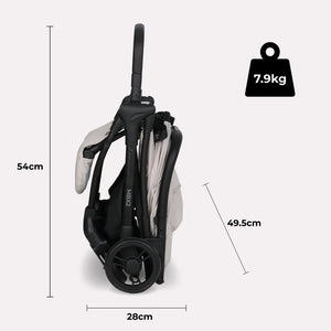 My Babiie MBX2 compact foldable stroller in black and light gray with modern design and oatmeal accents