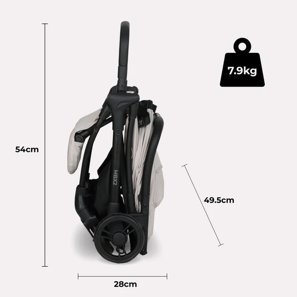 My Babiie MBX2 compact foldable stroller in black and light gray with modern design and oatmeal accents