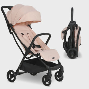 My babiie mbx2 compact stroller in blush pink and black with a sleek foldable design for easy transport