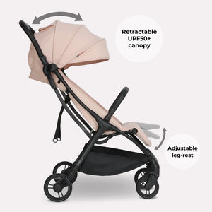 My babiie mbx2 compact foldable stroller in beige and black with retractable upf50+ canopy in blush pink
