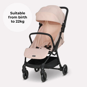 My Babiie MBX2 compact stroller in blush pink with black frame lightweight soft canopy and padded seat for easy transport