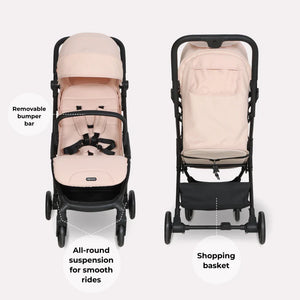 My babiie mbx2 compact stroller in blush pink features a soft fabric canopy and seat with a sturdy black metal frame