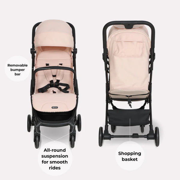 My babiie mbx2 compact stroller in blush pink features a soft fabric canopy and seat with a sturdy black metal frame