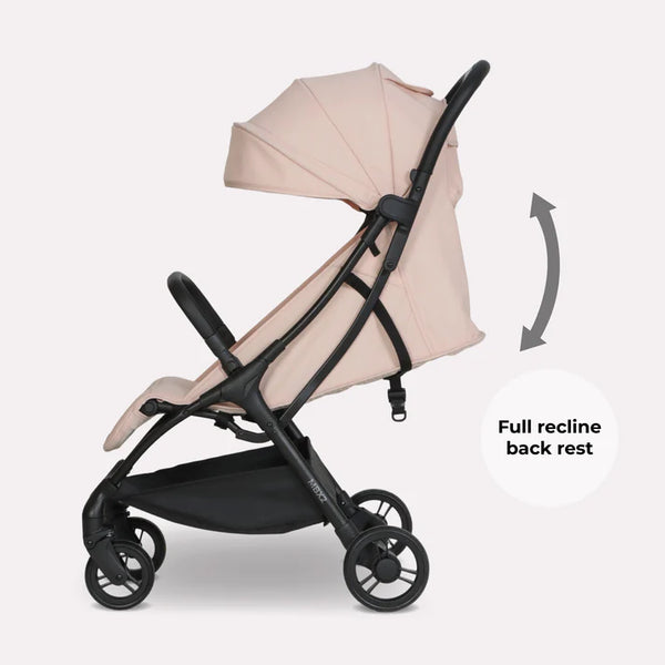 My Babiie MBX2 compact stroller in beige and black with foldable frame and full recline backrest