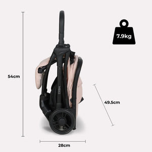 My babiie mbx2 compact stroller foldable in black and blush pink with sleek modern design for convenient travel