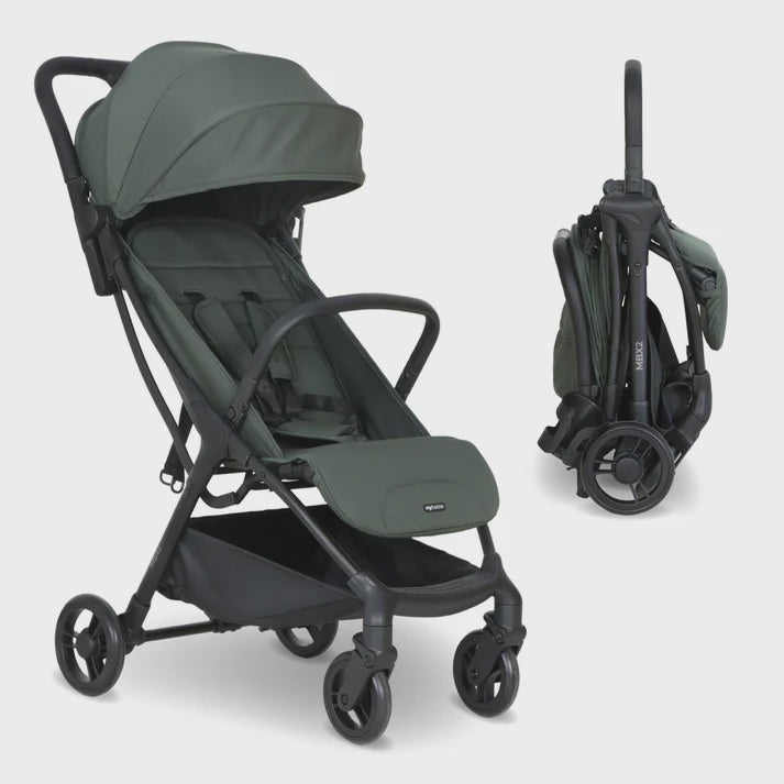 My Babiie MBX2 compact stroller in olive green and black foldable with a sleek modern design and durable fabric