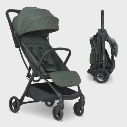 My Babiie MBX2 compact stroller in olive green and black foldable with a sleek modern design and durable fabric
