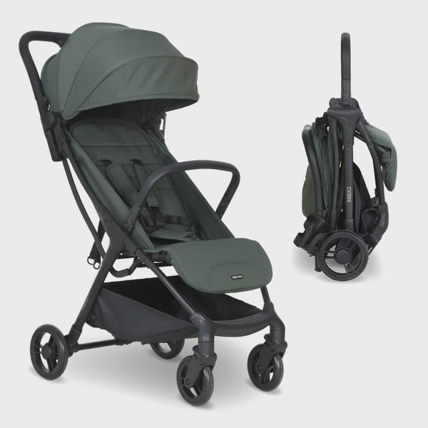 My Babiie MBX2 compact stroller in olive green and black foldable with a sleek modern design and durable fabric