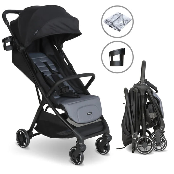 My Babiie MBX6 auto-fold compact stroller in black with a foldable design canopy adjustable seat and storage compartment