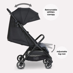 Black my babiie mbx6 auto-fold compact stroller with retractable canopy and adjustable leg-rest for easy use