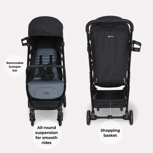 Black and gray lightweight My Babiie MBX6 auto-fold compact stroller with removable bumper bar and shopping basket
