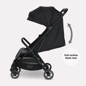 Black my babii mbx6 auto-fold compact stroller with sleek modern design and four wheels shown from the back side