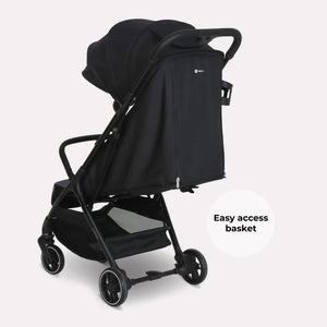 Black my babiie mbx6 auto-fold compact stroller with sleek modern design and four wheels shown from the back side