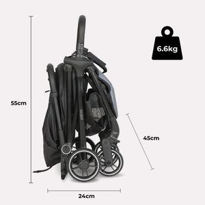 My Babiie MBX6 auto-fold compact stroller in black with adjustable handlebars and durable wheels in a sleek modern design