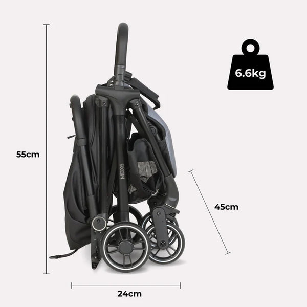 My Babiie MBX6 auto-fold compact stroller in black with adjustable handlebars and durable wheels in a sleek modern design