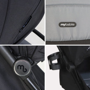 My Babiie MBX6 auto-fold compact stroller in black with durable fabric upholstery and sturdy metal frame components