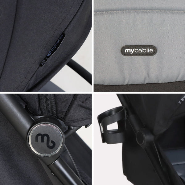 My Babiie MBX6 auto-fold compact stroller in black with durable fabric upholstery and sturdy metal frame components