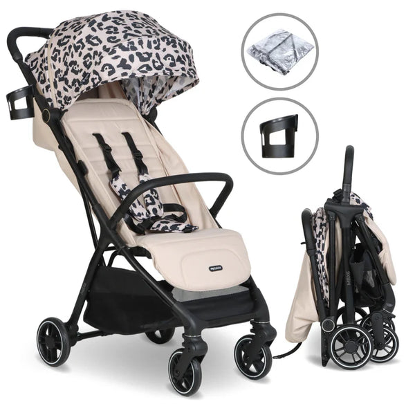 My babiie mbx6 auto fold compact stroller in beige and black fawn leopard print with foldable design
