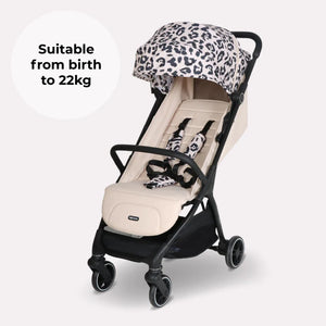 My babiie mbx6 auto-fold compact stroller in fawn leopard print with adjustable handlebars and padded seat