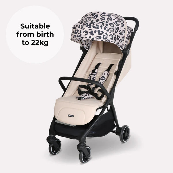 My babiie mbx6 auto-fold compact stroller in fawn leopard print with adjustable handlebars and padded seat