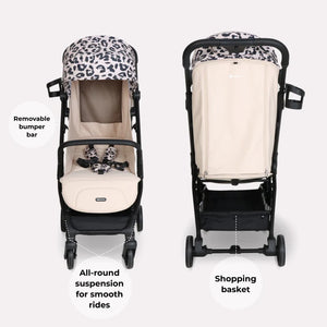 My Babiie MBX6 auto-fold compact stroller in black and cream fawn leopard print with removable bumper bar and shopping basket