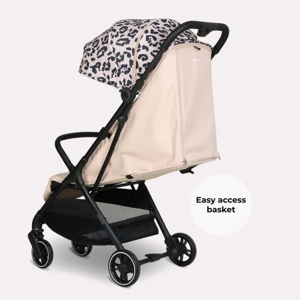 My Babiie MBX6 auto-fold compact stroller with beige and black leopard-print canopy and sleek modern frame