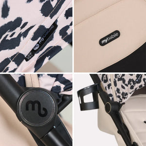 My babiie mbx6 auto-fold compact stroller with black and white leopard print canopy beige fabric and black frame