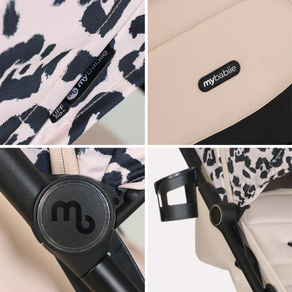 My babiie mbx6 auto-fold compact stroller with black and white leopard print canopy beige fabric and black frame